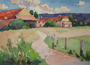 300x219 Marcel Alloueteau Watercolor Drawing French Countryside Town - French Countryside Painting