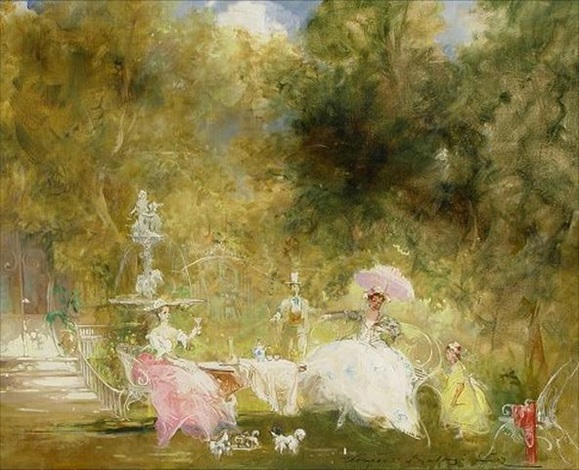 579x470 French Garden Party Scene With Figures And Toy Dogs By Endre - French Garden Painting