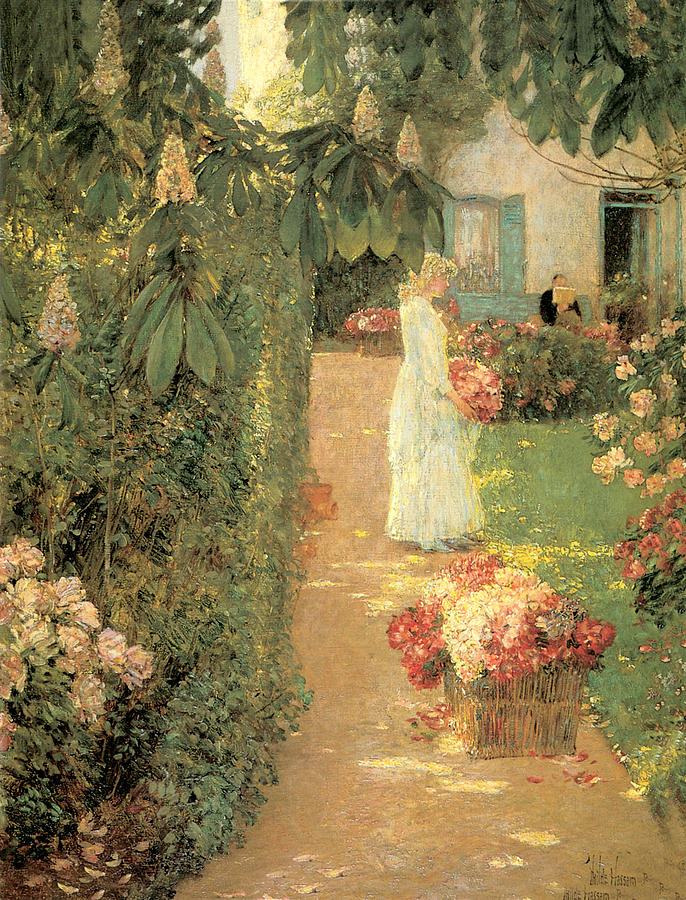 686x900 Gathering Flowers In A French Garden Painting By Childe Hassam - French Garden Painting