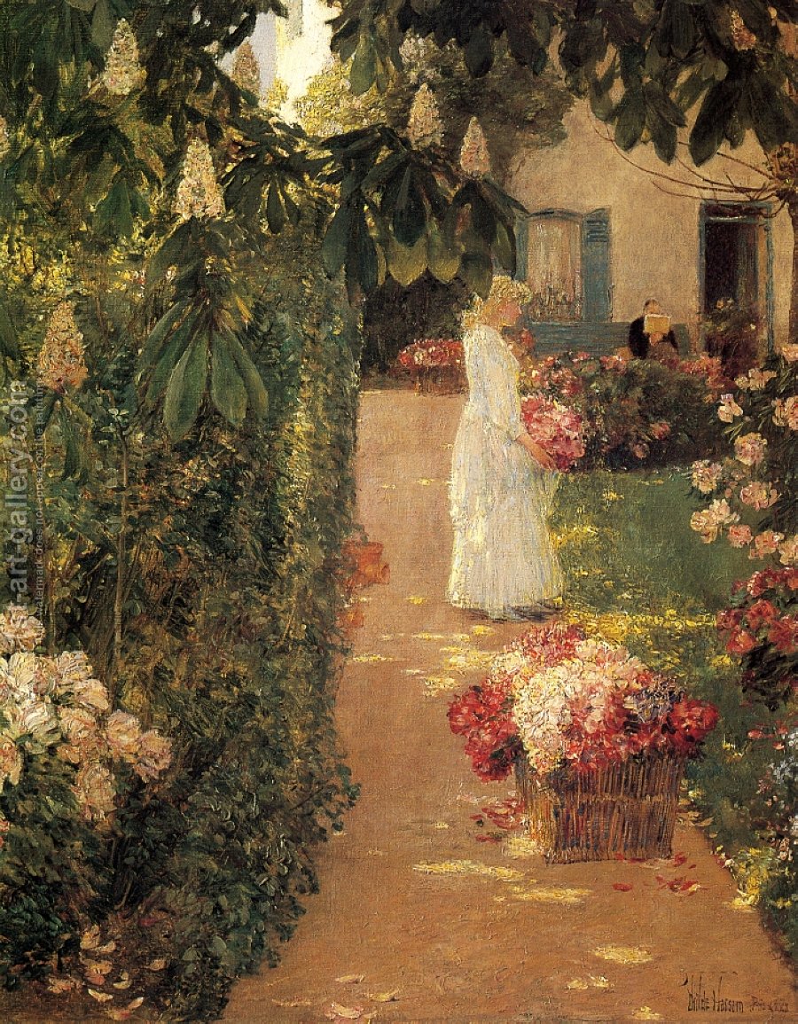900x1155 Gathering Flowers In A French Garden Frederick Childe Hassam - French Garden Painting