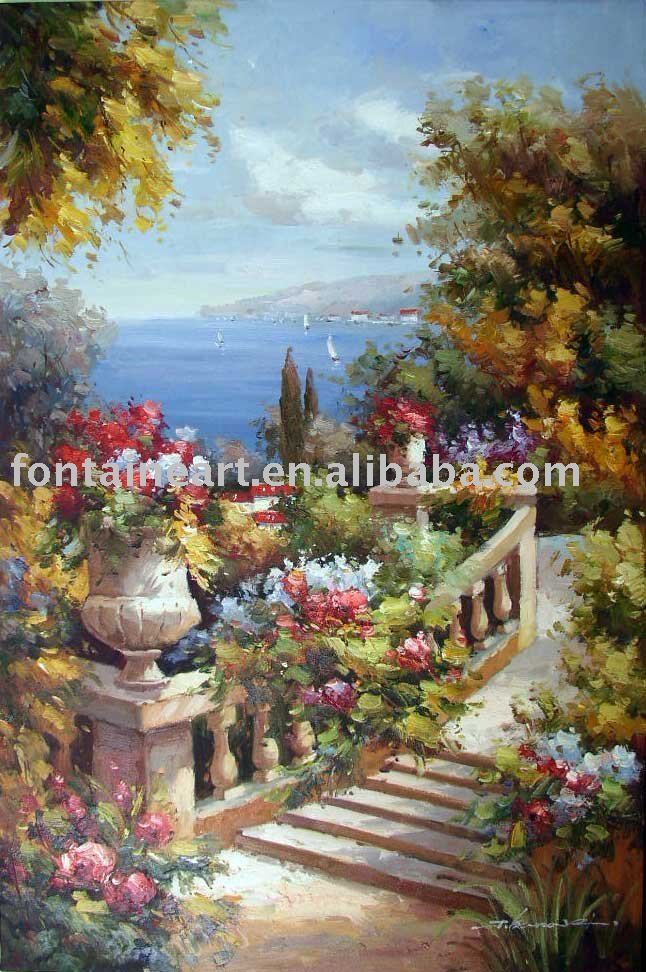 646x972 Ocean And Flowers Paintings Oil Painting Mezzanine Oil Painting - French Garden Painting
