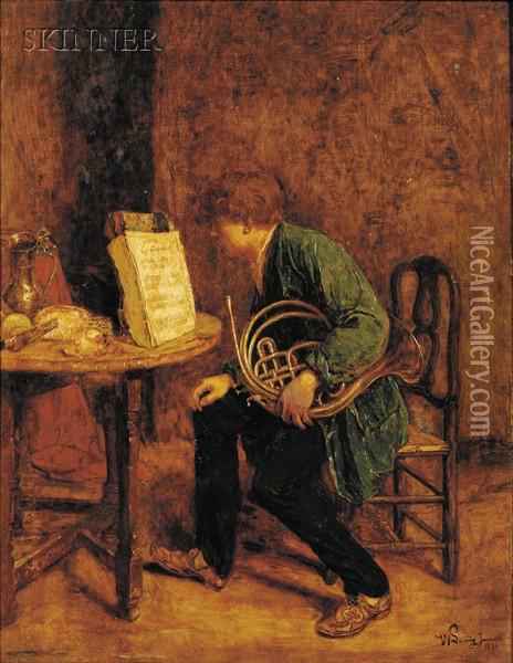 464x600 Man With French Horn Oil Painting Reproduction By Willem Linnig Jr - French Horn Painting
