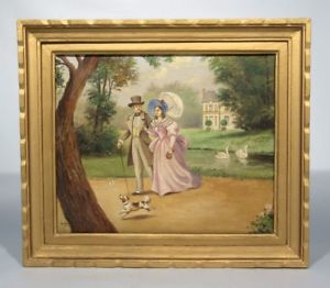 300x262 Vintage French Oil Painting, Dog, Swan, Butterfly, Chateau, Park - French Park Painting