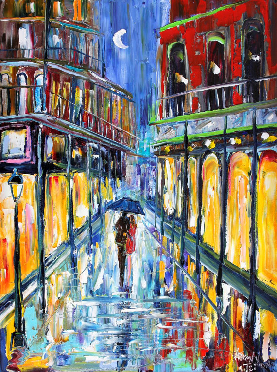 570x763 Original Painting New Orleans French Quarter Night Moon Landscape - French Quarter Painting