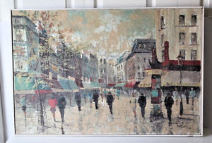 300x203 Framed Vintage French Street Scene Oil Painting Canvas 36x 25 - French Street Painting