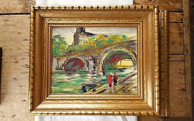 400x250 Paris French Street Art Scene 50s Mcm Vintage Framed Painting - French Street Painting