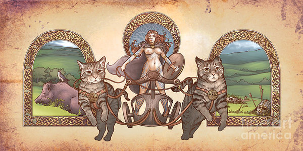 600x300 Freya Driving Her Cat Chariot Triptic Art Print By Dani Kaulakis - Freya Painting
