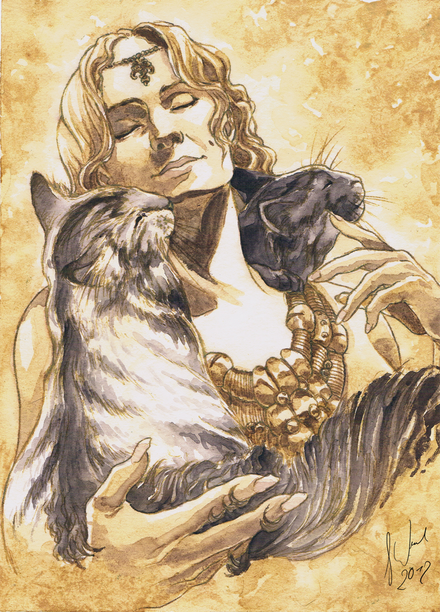 894x1242 Freyja And Her Cats By Toradh - Freyja Painting