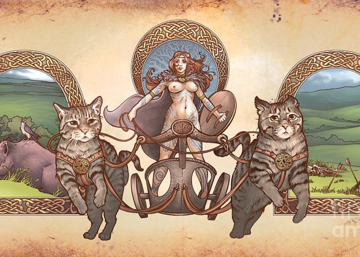 700x500 Freya Driving Her Cat Chariot Triptic Greeting Card For Sale By - Freyja Painting