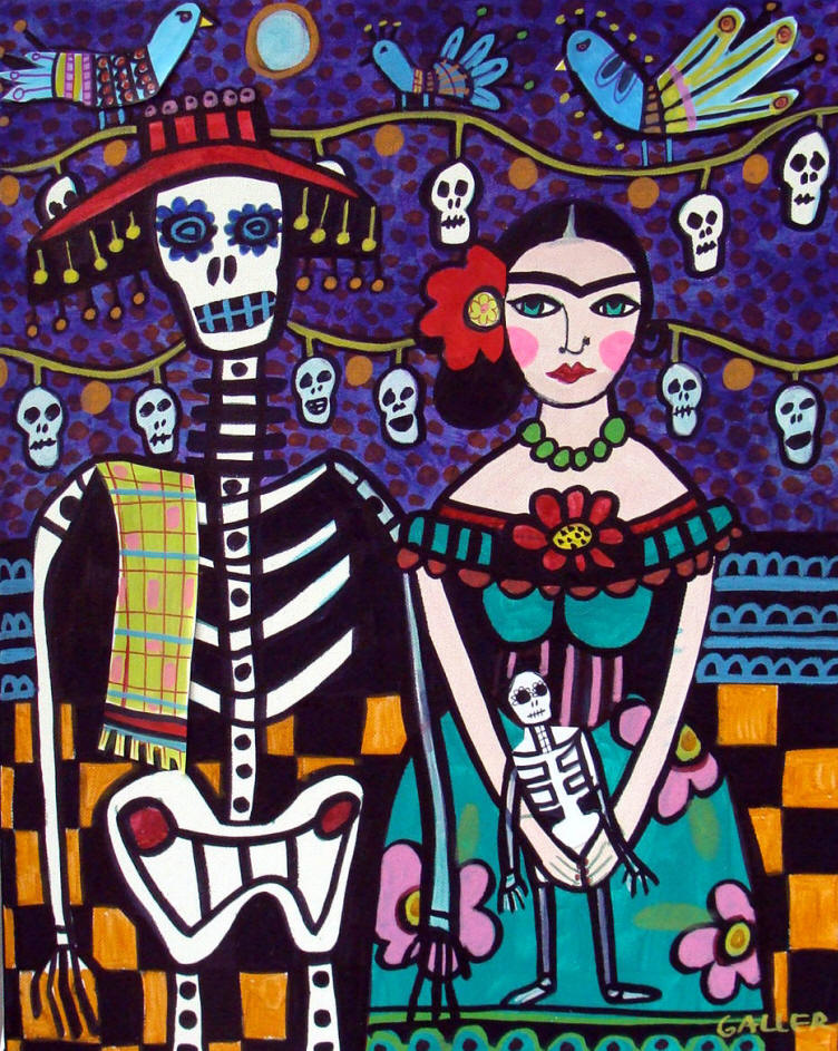 752x943 Mexican Day Of The Dead Frida Kahlo And Skeleton Abstract Folk Art - Frida Kahlo Skull Painting