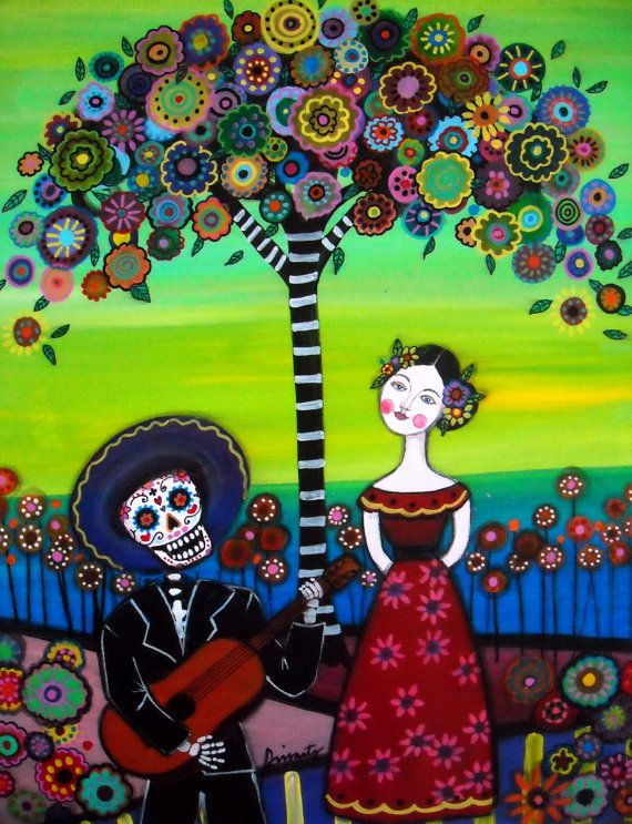 570x743 Mexican Day Of The Dead Folk Art Serenata Mariachi Frida Kahlo - Frida Kahlo Sugar Skull Painting