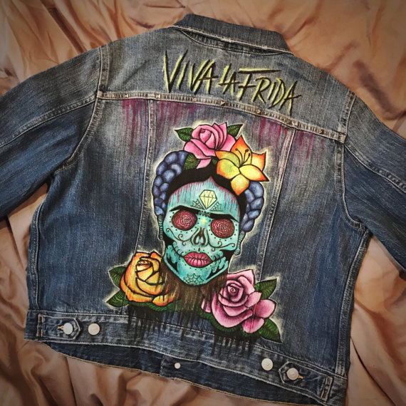 570x570 Custom Painted Frida Kahlo Sugar Skull Denim Jacket - Frida Kahlo Sugar Skull Painting