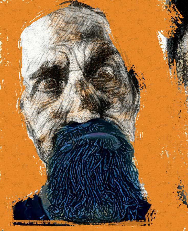 735x900 Intense Portrait Bulging Eyes Blue Beard Orange And Sketch - Friendly Painting