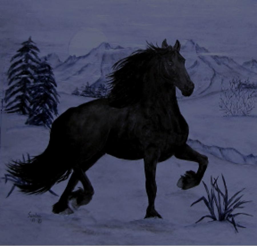 900x862 Friesian Horse Walking In Snow Painting By Sandra Maddox - Friesian Horse Painting