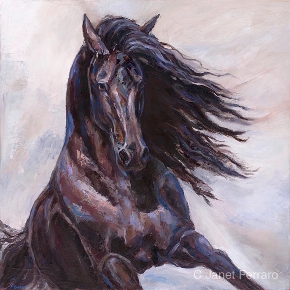 570x570 Sold Friesian Horse Palette Knife Oil Painting On Canvas - Friesian Horse Painting