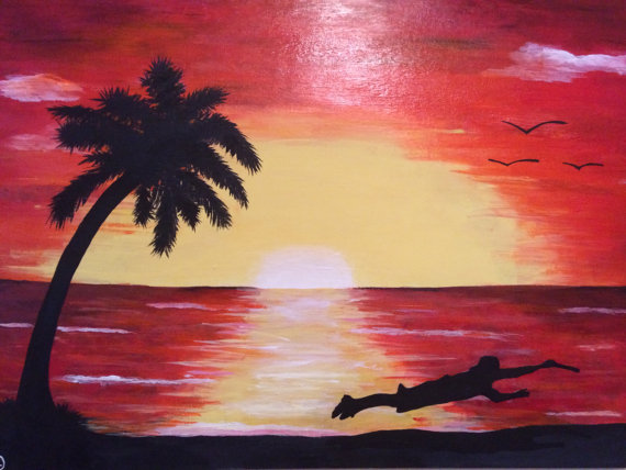 570x428 Items Similar To Palm Tree And Frisbee Player Beach Sunset - Frisbee Painting