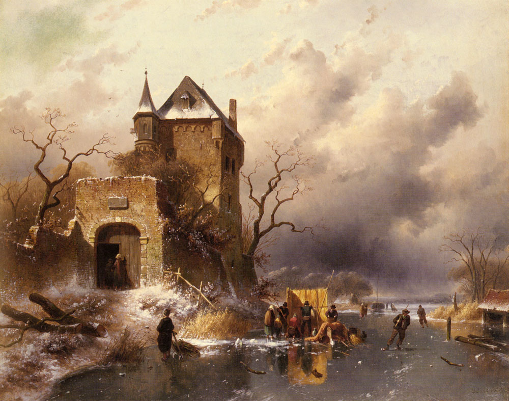 1000x787 Skaters On A Frozen Lake By The Ruins Of A Castle Painting - Frozen Castle Painting