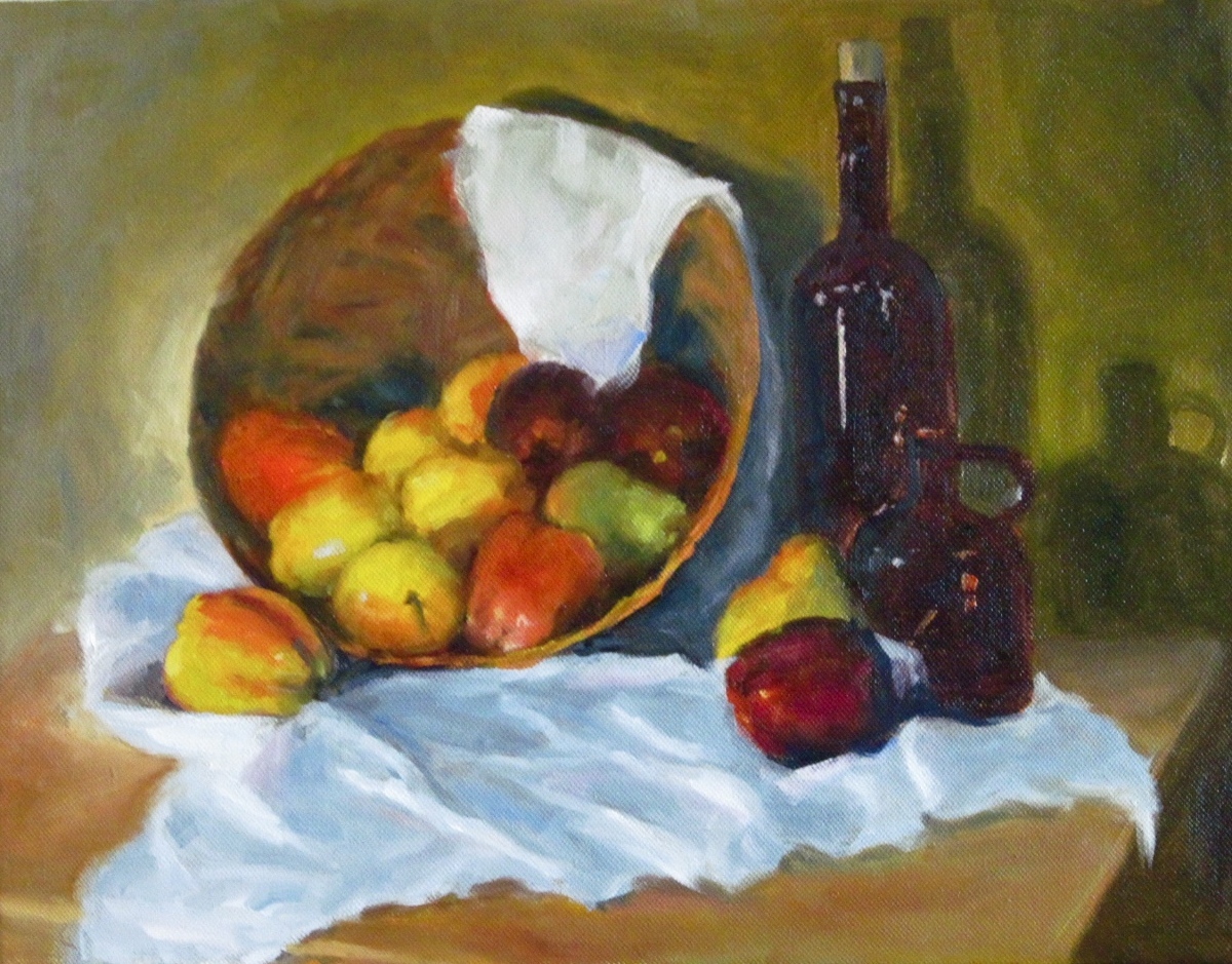 1200x939 Impressionist Oil Paintings Fruit Basket With Bottle By Paintings - Fruit Basket Oil Painting