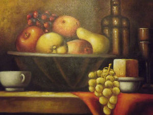 300x225 Still Life Fruit Bowl Wine Large Oil Painting Canvas Classic - Fruit Bowl Painting