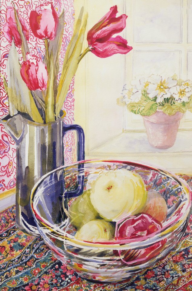 634x960 Joan Thewsey Tulips With Fruit In A Glass Bowl Painting - Fruit In A Bowl Painting