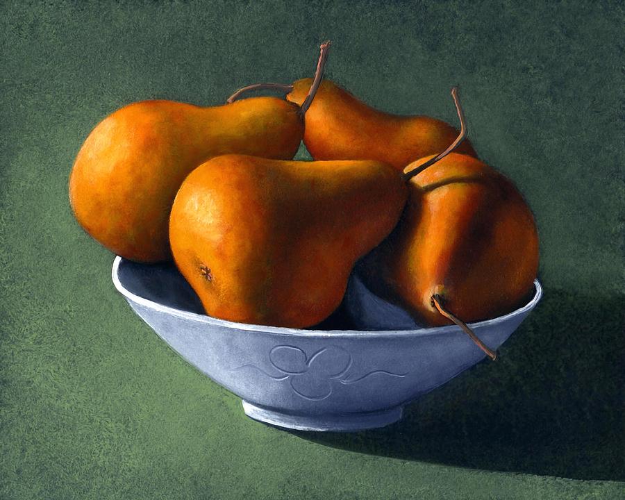 900x720 Pears In Blue Bowl Painting By Frank Wilson - Fruit In A Bowl Painting