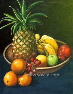 313x400 Fruits In A Clay Bowl Pinneaple Bananas Pear Apple Orange Grapes - Fruit In A Bowl Painting
