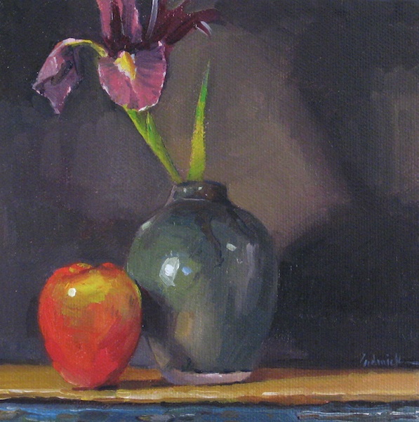 597x600 Sedwick Studio Iris And Red Apple Still Life Fruit And Flowers - Fruit Oil Painting