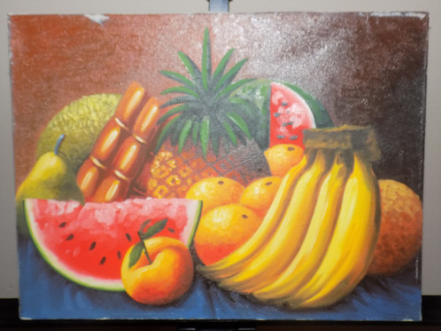 498x373 Modern Fruit Oil Painting. Banana, Peaches, Pineapple, Watermelon - Fruit Painting