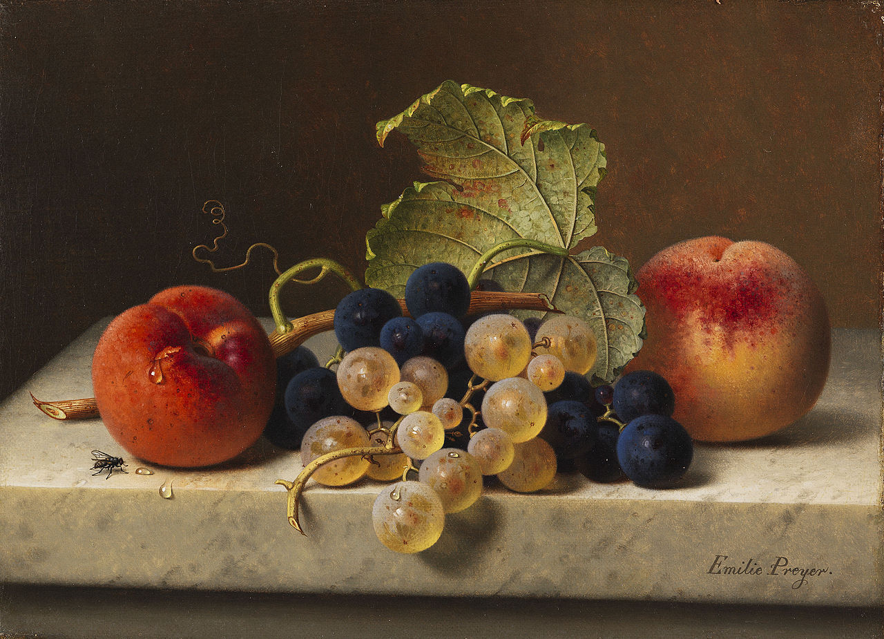 1280x925 Fruit Still Life With Two Peaches And Blue And Green Grapes - Fruit Still Life Painting