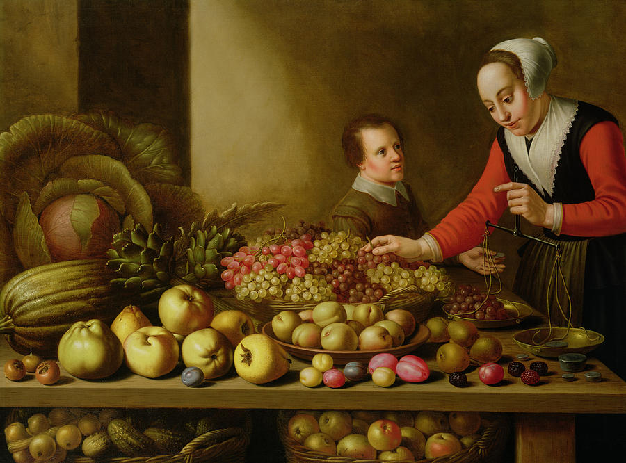 900x666 Girl Selling Grapes From A Large Table Laden With Fruit - Fruits And Vegetables Painting