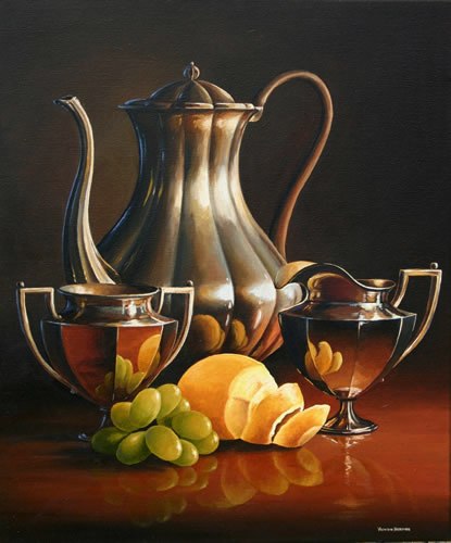 415x500 Silver Set With Fruits, Original Oil Still Life Paintings By - Fruits Painting Images