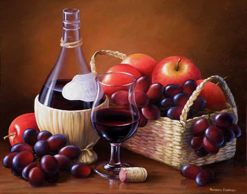 500x392 Wine And Fruits, Original Oil Still Life Paintings By Varvara - Fruits Painting Images