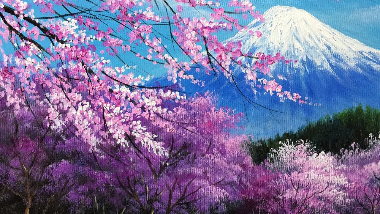 1280x720 The Cherry Blossoms In The Mt. Fuji Acrylic Painting - Fuji Painting