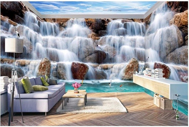 640x432 3d Room Wallpaper Custom Photo Waterfall Water House Full House - Full House Painting