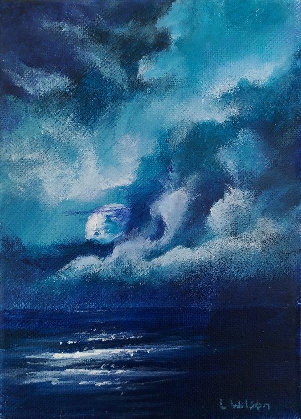 600x836 Night Sky, Small Acrylic Seascape Canvas Painting. Moon And Ocean - Full Moon Painting