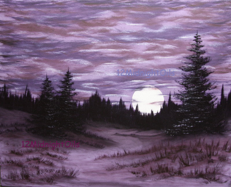 800x646 Purple Full Moon Original Landscape Oil Painting By Cindi Rae - Full Painting