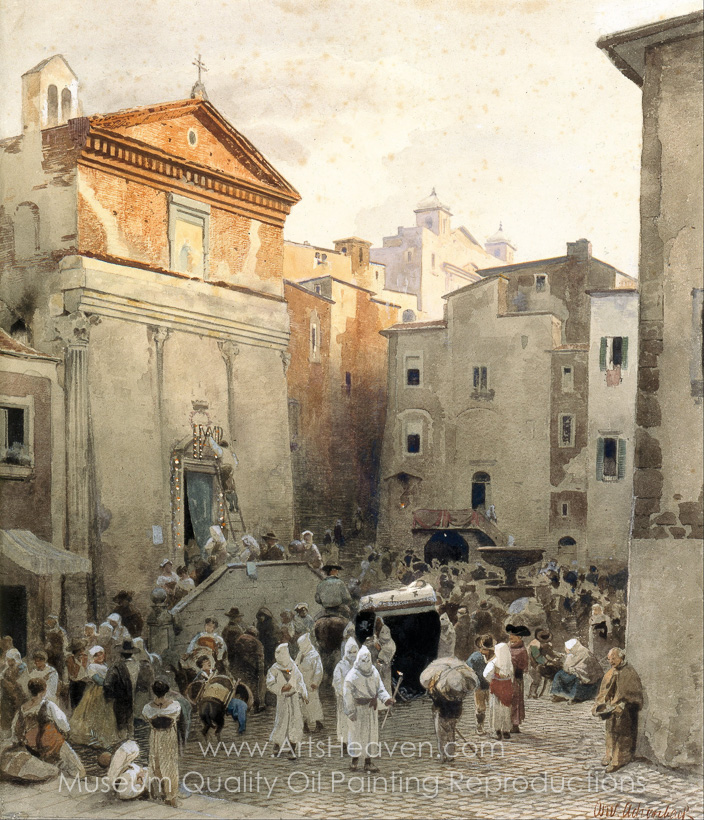 704x820 Reproduction Painting Oswald Achenbach Funeral In Palestrina, Hand - Funeral Painting
