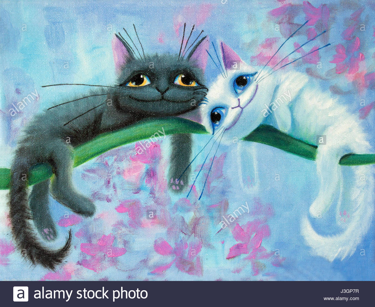 1300x1062 An Original Painting On Canvas Of White And Black Funny Cats - Funny Cat Painting