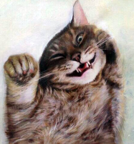 444x474 Custom Funny Cat Face Mixed Media Portrait Oil Painting - Funny Cat Painting