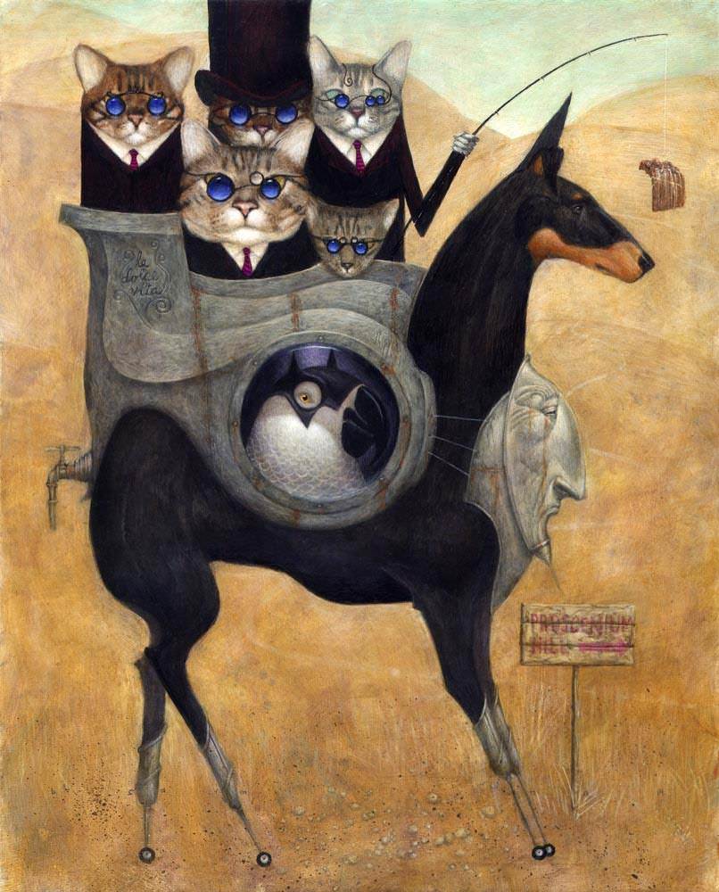 806x1000 Stern Mobster Cats Ride Their Horse Dog In This Funny But Slightly - Funny Dog Painting