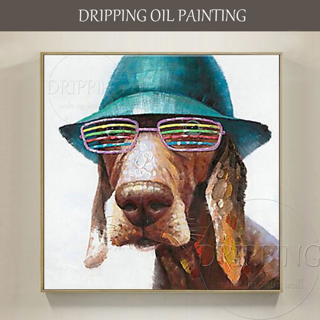 640x640 Artist Design Funny Dog With Hat And Colorful Glasses Oil Painting - Funny Dog Painting