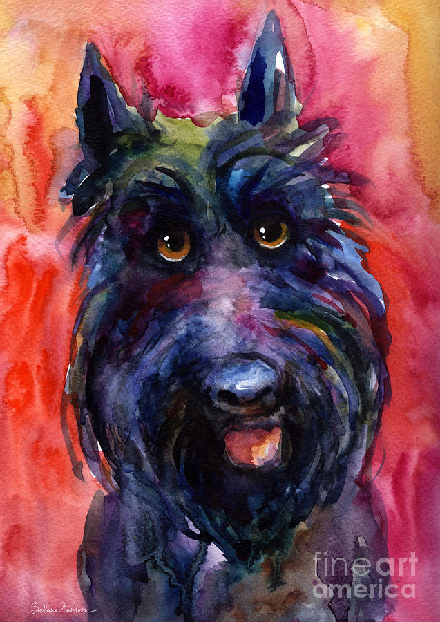 637x900 Funny Curious Scottish Terrier Dog Portrait Painting By Svetlana - Funny Dog Painting
