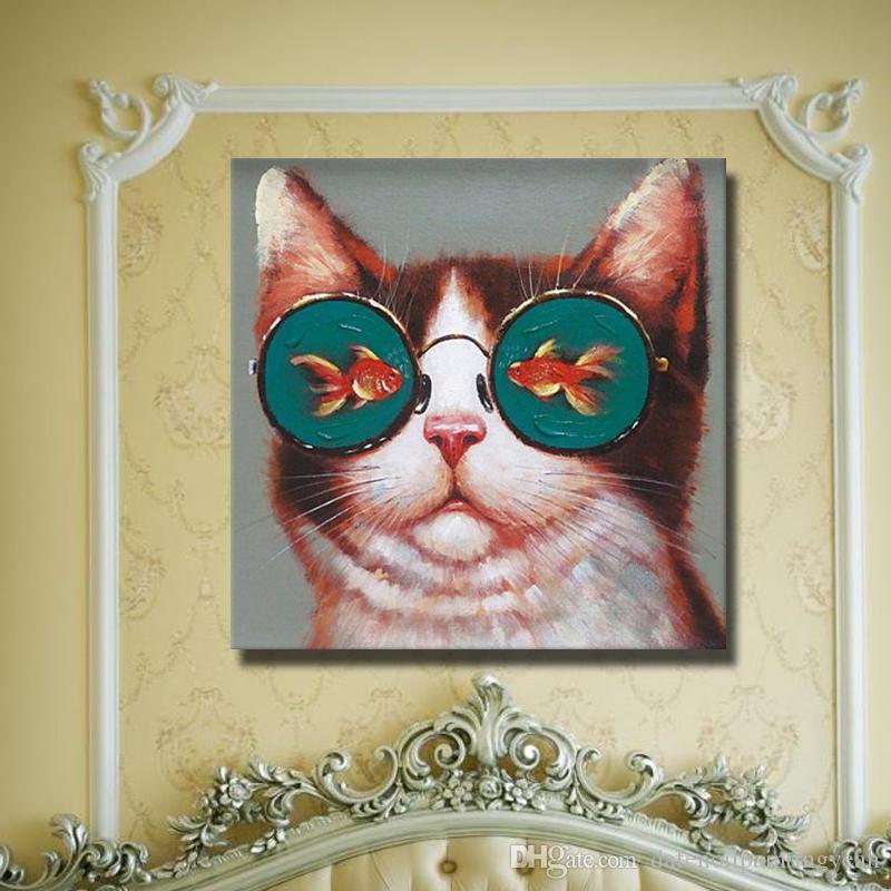 800x800 2018 The Cat With Fish Glasses Funny Painting Canvas Art Pictures - Funny Painting