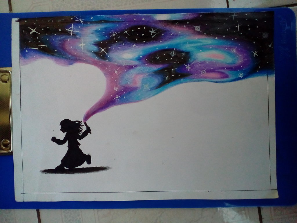 1024x768 Little Girl And Galaxy By Kurogamiart17 - Galaxy Girl Painting
