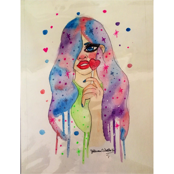 570x570 Original Galaxy Hair Painting 9x12 Watercolor Girl Painting - Galaxy Girl Painting