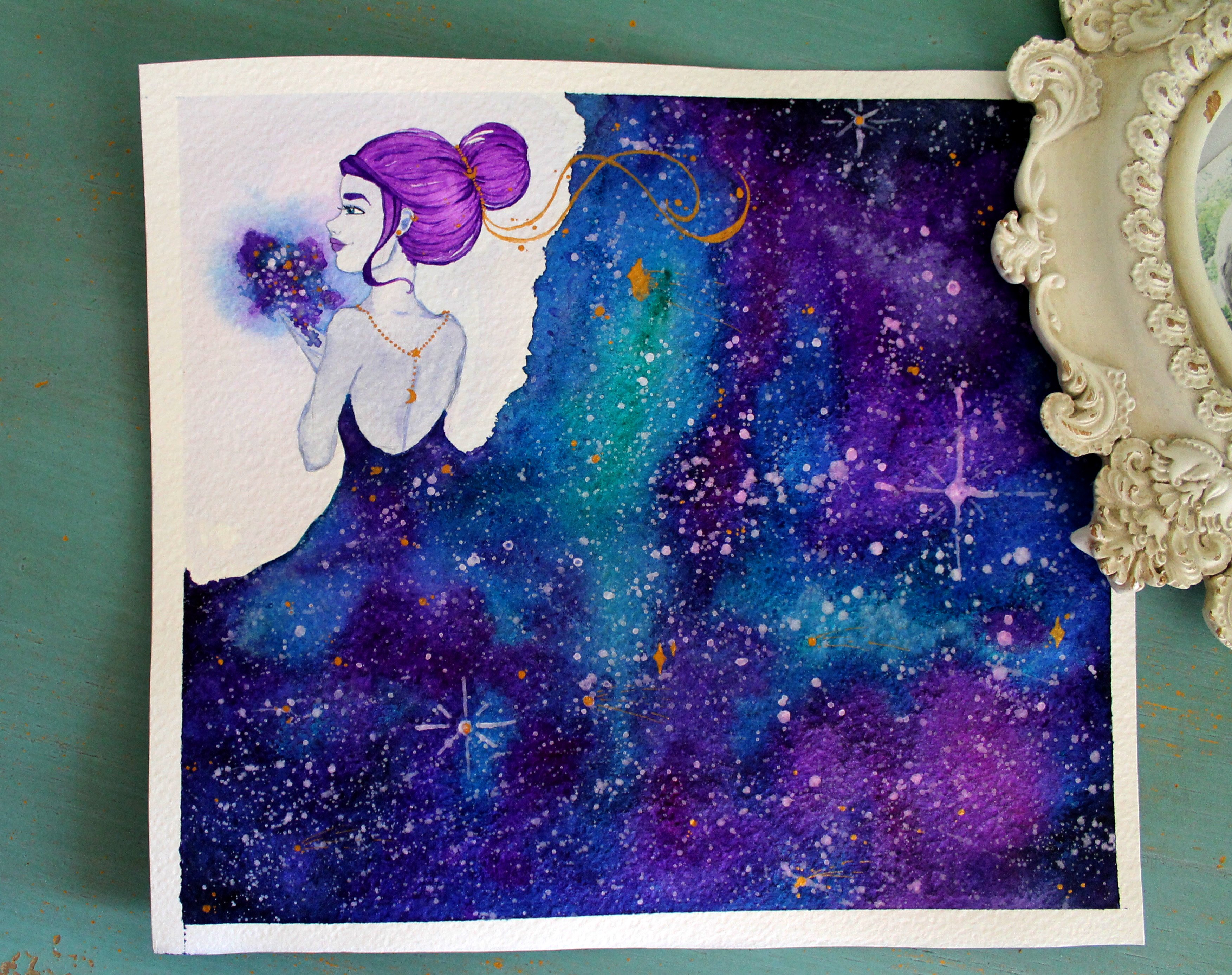 3506x2774 Original Watercolor Painting Galaxy Girl Pearl's Workshop Tictail - Galaxy Girl Painting