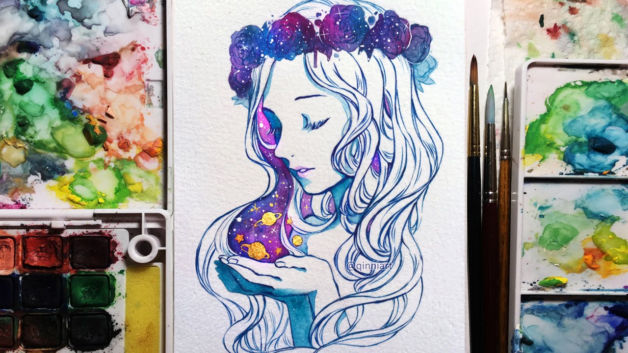 1280x720 Watercolor gouache Speedpainting - Galaxy Girl Painting