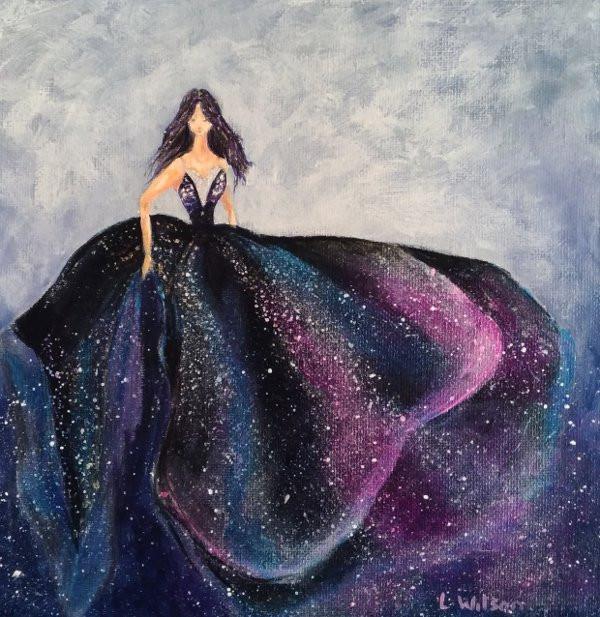 600x617 Galaxy Girl, Universe Creator. By Laura Wilson, Gold Star Work - Galaxy Girl Painting