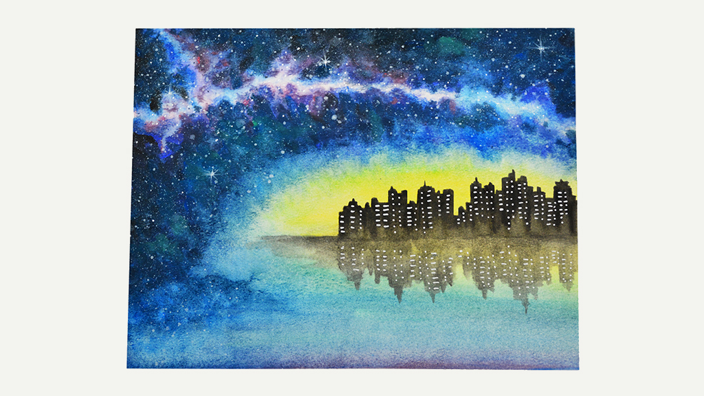1024x576 Watercolor Galaxy Cityscape - Galaxy Painting