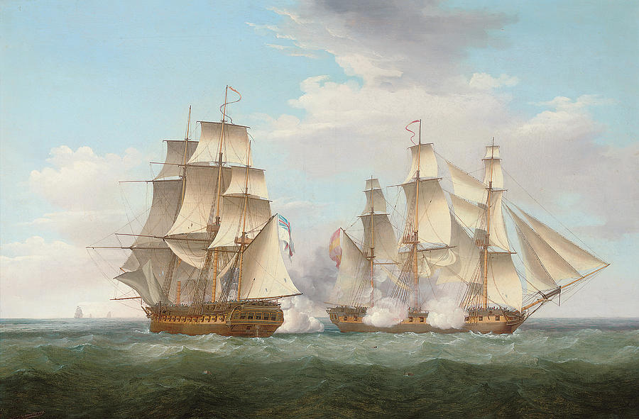 900x591 Hms Ethalion In Action With The Spanish Frigate Thetis Off Cape - Galleon Painting